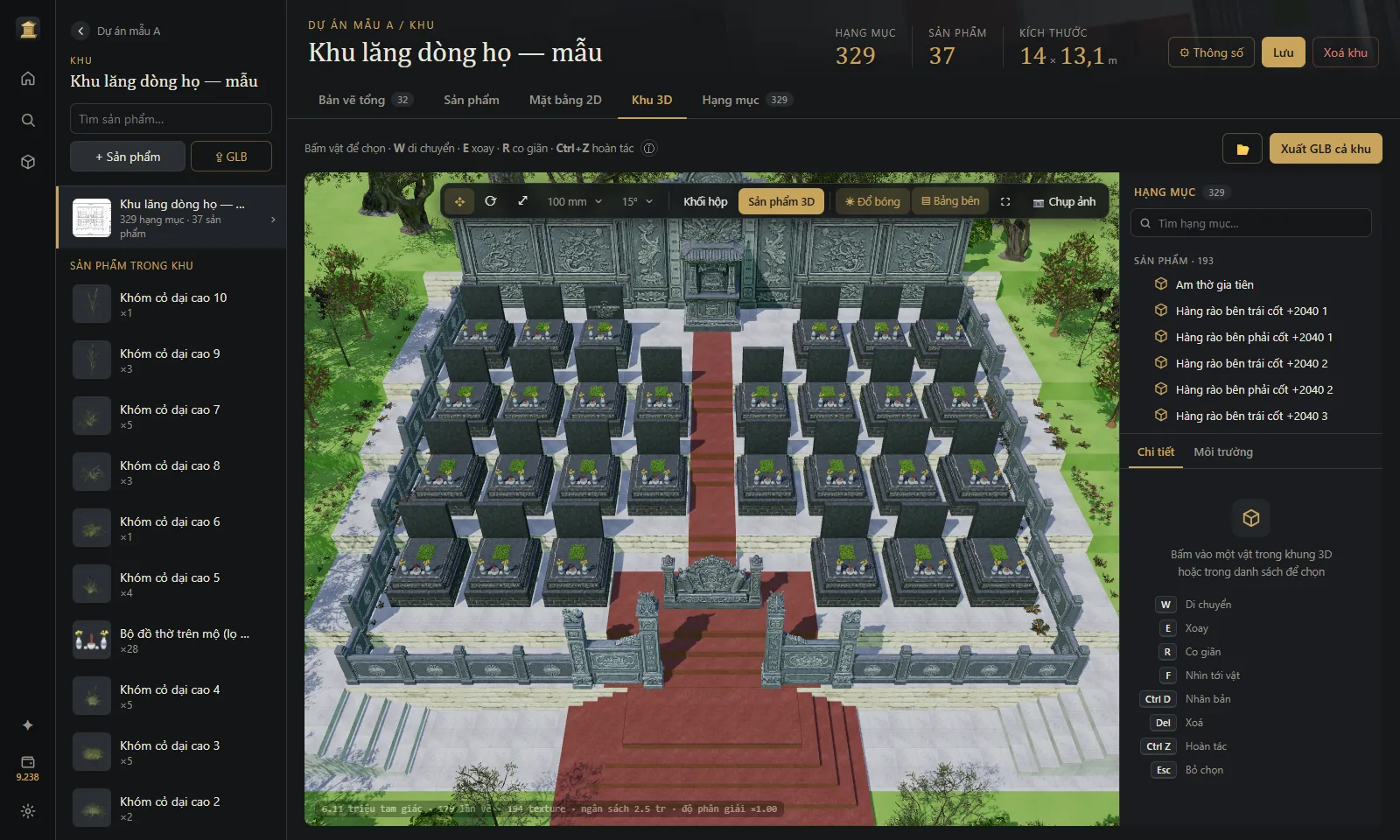 Khu lăng 3D trong KLM3D: bậc đỏ ở giữa, hai bên là các hàng mộ đá đen, phía sau là cuốn thư và am thờ